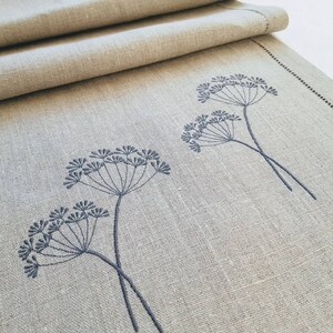 Gray Linen Table Runner with Dill Embroidery – Natural Flax Table Linen – Rustic Nordic Home Decor