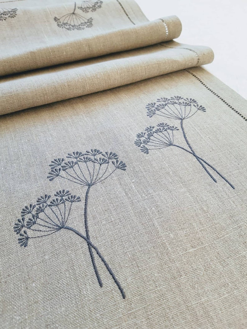 Gray Linen Table Runner with Dill Embroidery – Natural Flax Table Linen – Rustic Nordic Home Decor