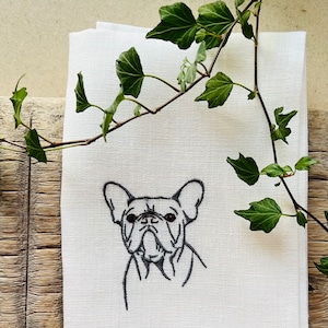 Embroidered French Bulldog Linen Tea Towel