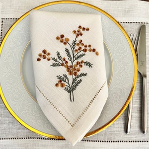Linen dinner napkin with Sea buckthorn embroidery, Hemstitched napkin, White linen napkin, Organic cloth napkin, Birthday gift image 10