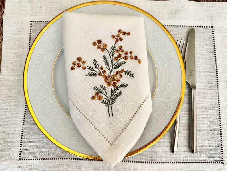 Linen dinner napkin with Sea buckthorn embroidery, Hemstitched napkin, White linen napkin, Organic cloth napkin, Birthday gift image 10