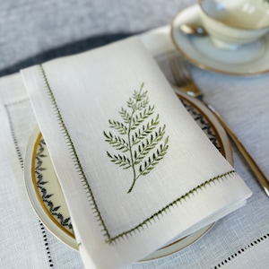 Linen Napkins with Branch Embroidery • Machine Embroidered Botanical Napkins • Hemstitched Linen Napkin Set