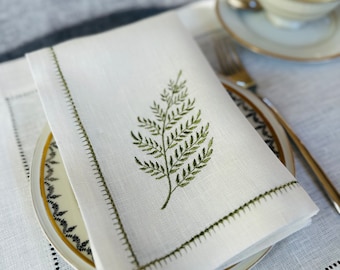 Linen NAPKINS with branch embroidery, botanical napkin, embroidered napkin, hemstitched linen napkin, set of 1,  2, 4 or 6 napkins