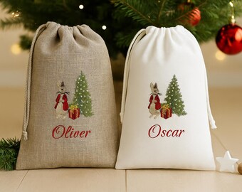 Embroidered Peter Rabbit Christmas Linen Gift Bag – Personalized Sack