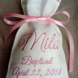 Custom Embroidered Linen Favor Bag: Baptism, Wedding Candy Bag