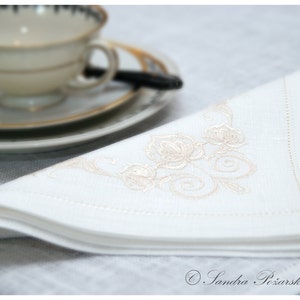 Off-White Linen Dinner Napkin with Floral Embroidery • 17×17 in • Elegant Wedding & Table Setting Linen