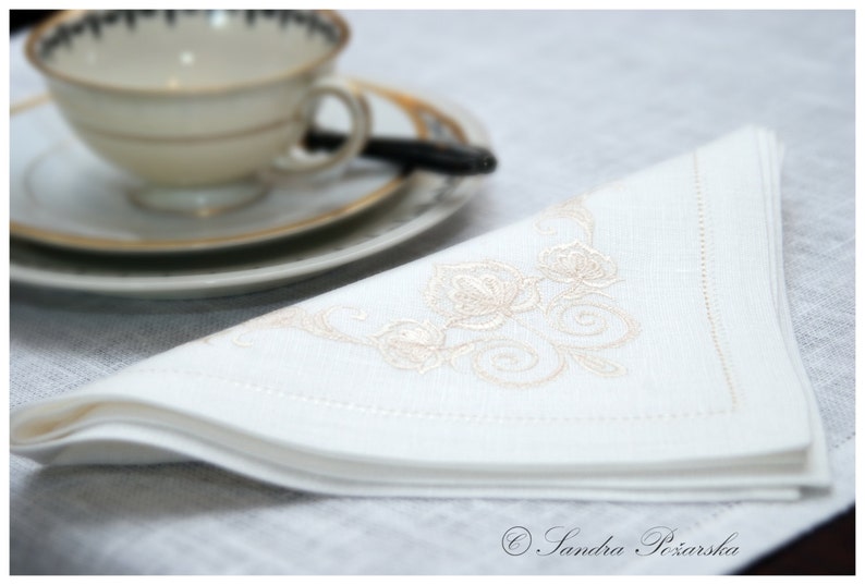 Off-White Linen Dinner Napkin with Floral Embroidery • 17×17 in • Elegant Wedding & Table Setting Linen