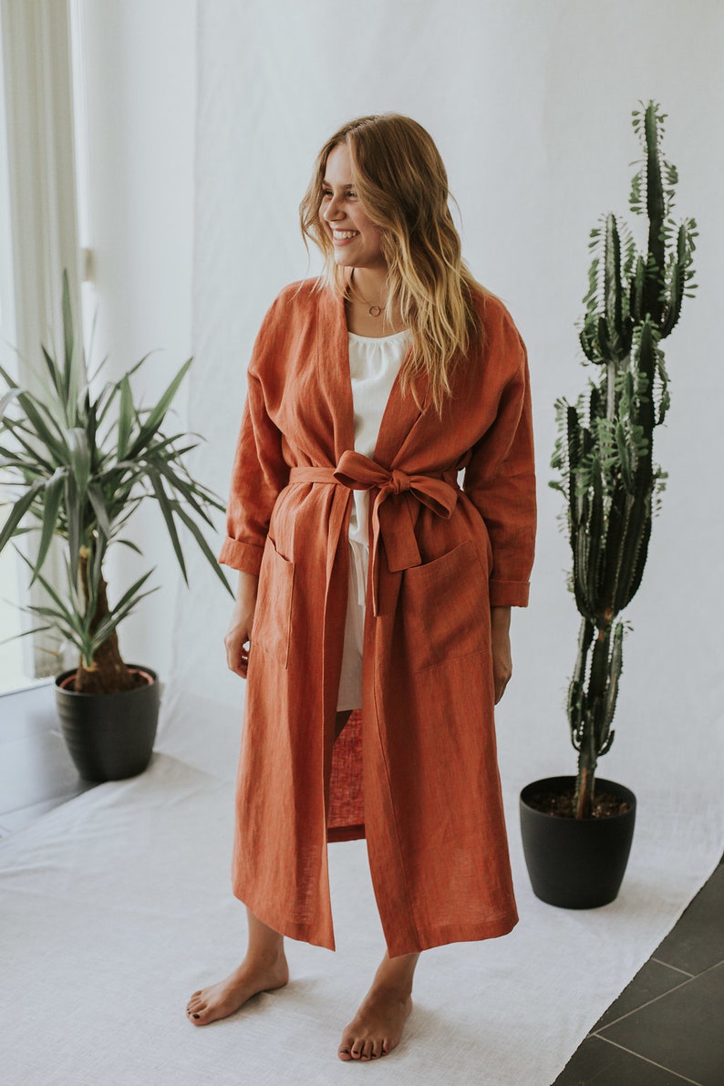 Womans robe, linen bath robe, LINEN Spa robe, Soft linen robe Tiger Lily