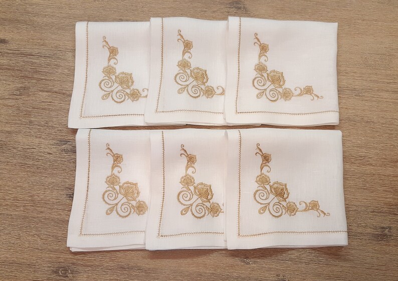 Off-White Linen Dinner Napkin with Floral Embroidery • 17×17 in • Elegant Wedding & Table Setting Linen