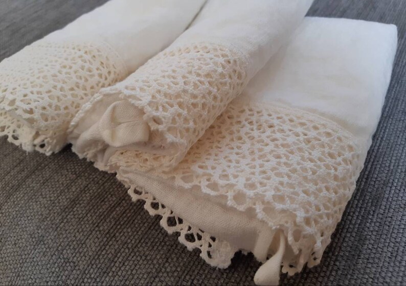 Linen Towel Set White Linen and Lace Towel Set of 3 Washed Etsy