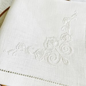 Off-White Linen Dinner Napkin with Floral Embroidery • 17×17 in • Elegant Wedding & Table Setting Linen