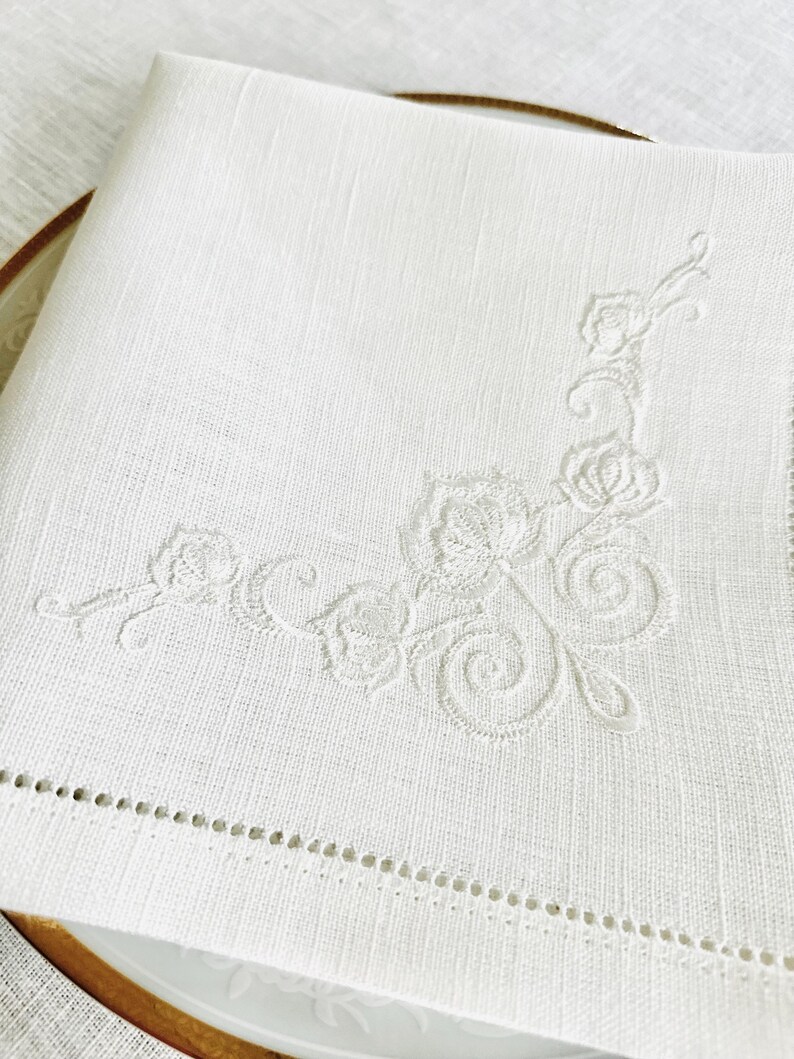 Off-White Linen Dinner Napkin with Floral Embroidery • 17×17 in • Elegant Wedding & Table Setting Linen