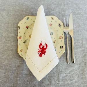 Linen Dinner Napkin: Red Lobster Embroidery, Hemstitched - Coastal Table Decor