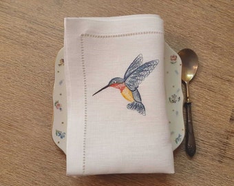 White linen dinner napkins with Humming bird embroidery, Hemsticthed linen napkins, dinner linen napkin set of 4 or 6, made by SANPO