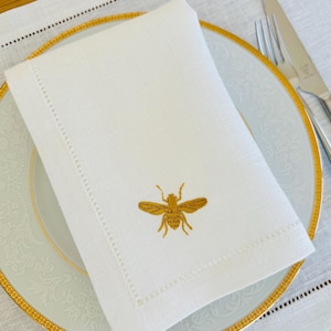 Golden Bee Embroidered Linen Napkins - Hemstitched Dinner Party Set