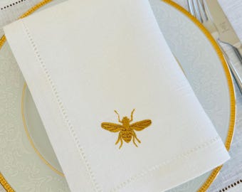 Golden Bee Embroidered Linen Napkins - Hemstitched Dinner Party Set