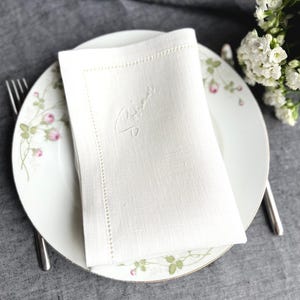 Custom Initials Embroidered White Linen Napkin • Hemstitched • Wedding Place Setting or Guest Napkin