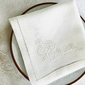 Off-White Linen Dinner Napkin with Floral Embroidery • 17×17 in • Elegant Wedding & Table Setting Linen