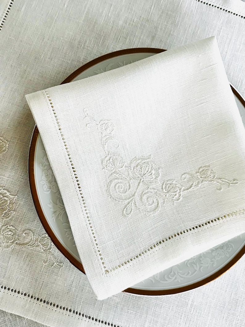 Off-White Linen Dinner Napkin with Floral Embroidery • 17×17 in • Elegant Wedding & Table Setting Linen