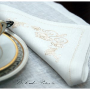Off-White Linen Dinner Napkin with Floral Embroidery • 17×17 in • Elegant Wedding & Table Setting Linen