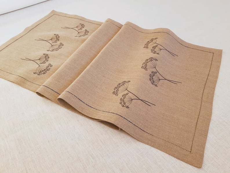 Gray Linen Table Runner with Dill Embroidery – Natural Flax Table Linen – Rustic Nordic Home Decor