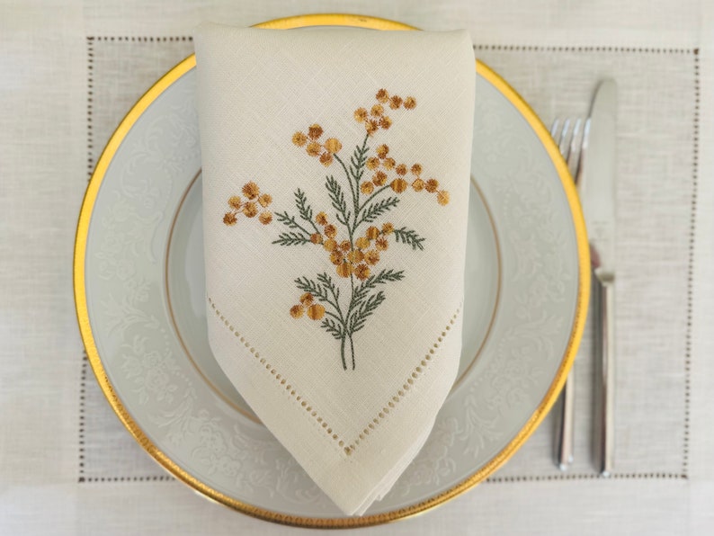 Linen dinner napkin with Sea buckthorn embroidery, Hemstitched napkin, White linen napkin, Organic cloth napkin, Birthday gift image 8