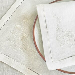 Off-White Linen Dinner Napkin with Floral Embroidery • 17×17 in • Elegant Wedding & Table Setting Linen