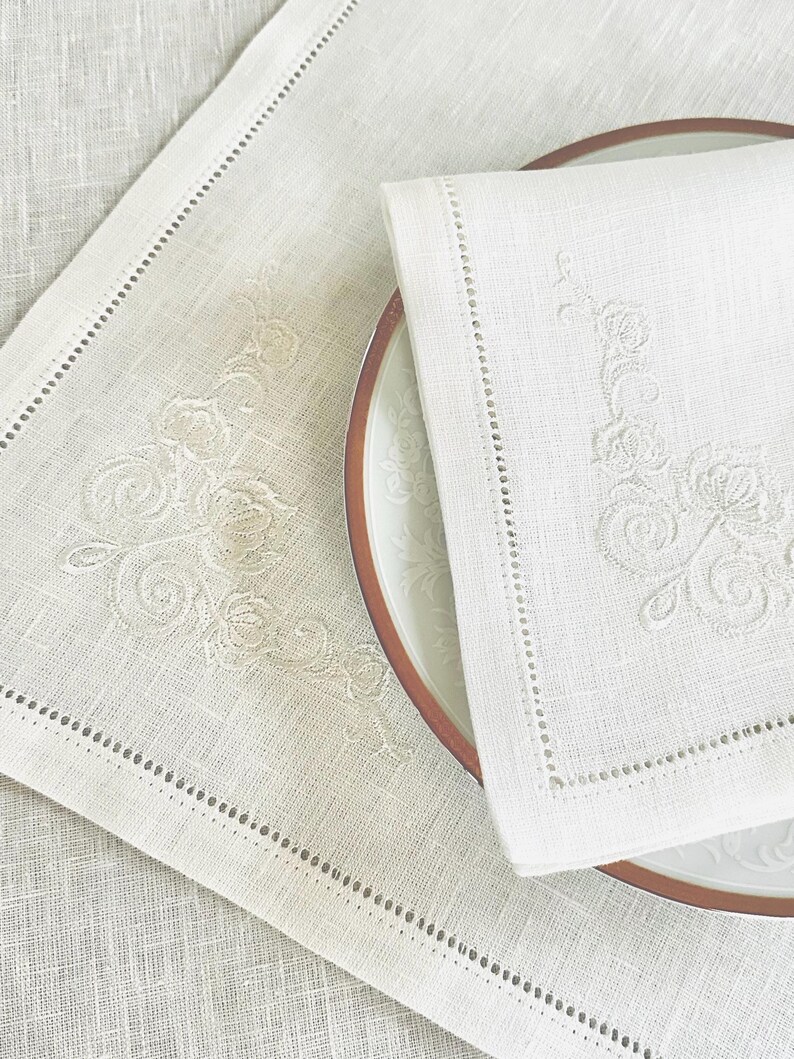 Off-White Linen Dinner Napkin with Floral Embroidery • 17×17 in • Elegant Wedding & Table Setting Linen
