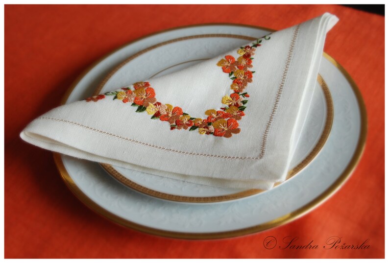 Linen Napkin With Floral Embroidery White Linen Napkin Etsy