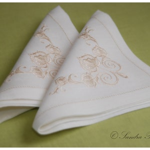 Off-White Linen Dinner Napkin with Floral Embroidery • 17×17 in • Elegant Wedding & Table Setting Linen
