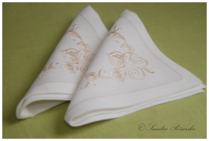 Off-White Linen Dinner Napkin with Floral Embroidery • 17×17 in • Elegant Wedding & Table Setting Linen