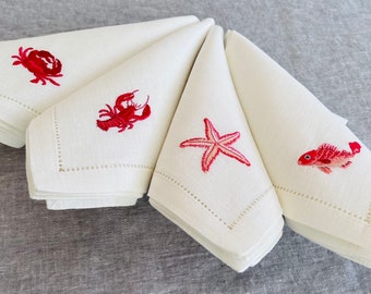 White linen dinner napkins embroidered with marine animals, set of 4 linen napkins with - lobster, crab, fish and starfish embroidery