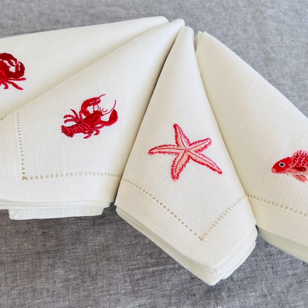 White linen dinner napkins embroidered with marine animals, set of 4 linen napkins with - lobster, crab, fish and starfish embroidery