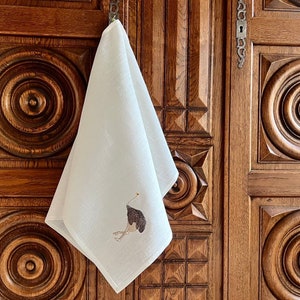 Embroidered Ostrich Linen Tea Towel: European Fabric