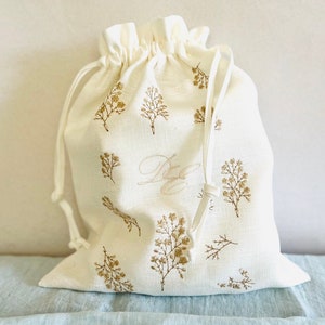 Personalized White Linen Laundry Bag • Custom Initials & Botanical Embroidery • Lingerie and Delicates Storage Pouch