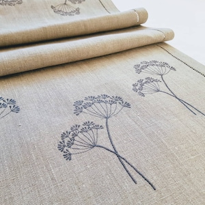 Gray Linen Table Runner with Dill Embroidery – Natural Flax Table Linen – Rustic Nordic Home Decor