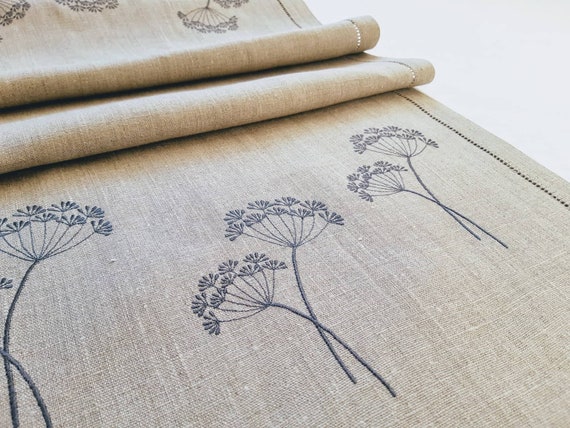 Embroidered Linen Table Runner: Gray Linen with Dill Flower Design