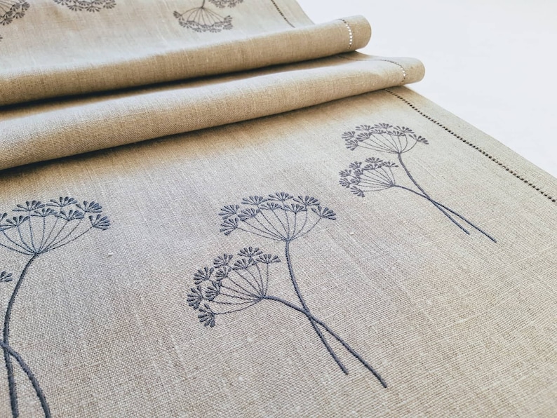 Gray Linen Table Runner with Dill Embroidery – Natural Flax Table Linen – Rustic Nordic Home Decor