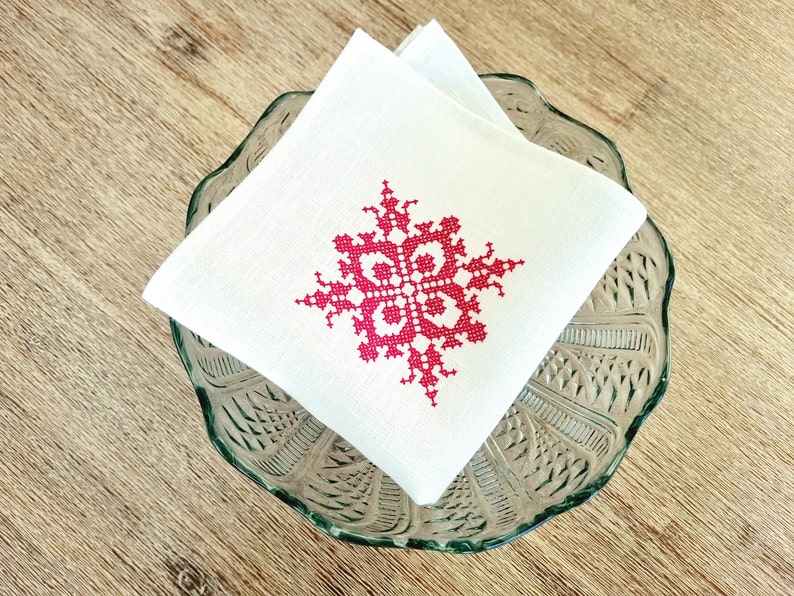 Linen cocktail napkins with Christmas motive embroidery, Christmas napkins, White linen napkins, Christmas gift image 1