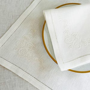 Off-White Linen Dinner Napkin with Floral Embroidery • 17×17 in • Elegant Wedding & Table Setting Linen