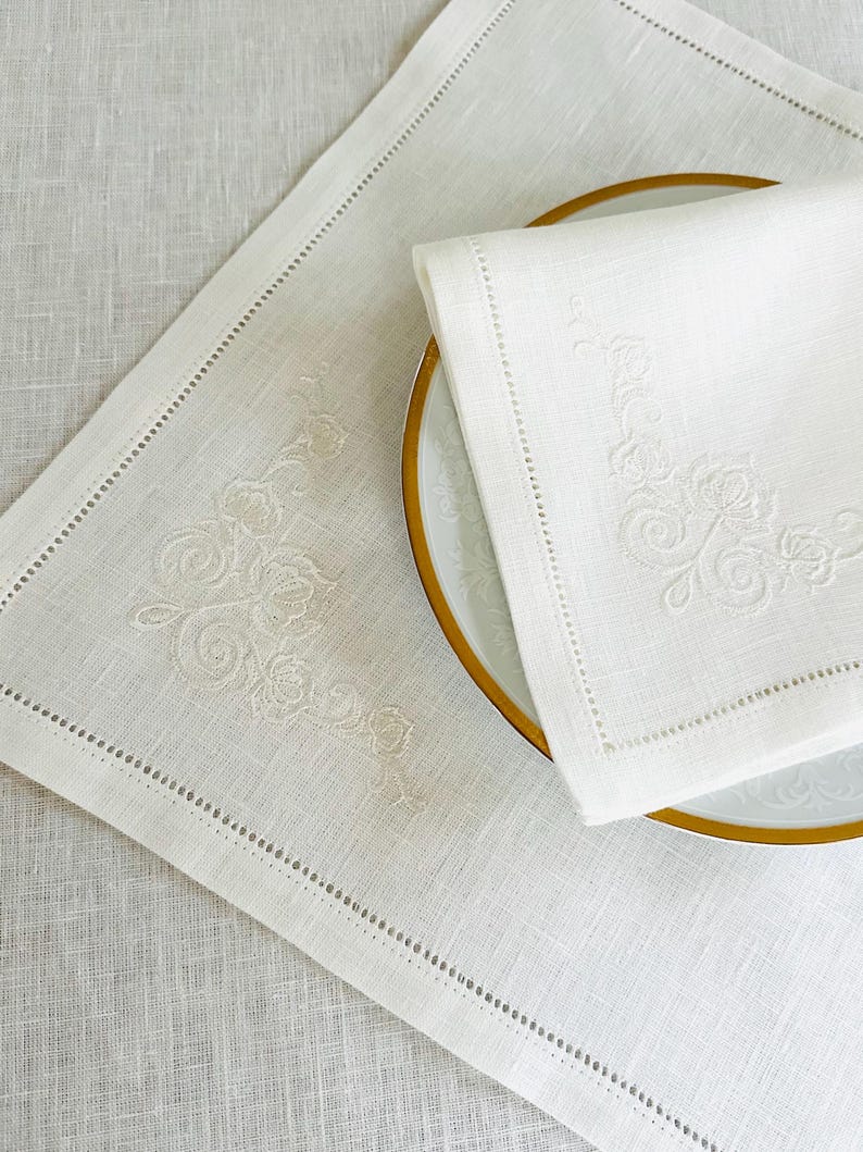 Off-White Linen Dinner Napkin with Floral Embroidery • 17×17 in • Elegant Wedding & Table Setting Linen