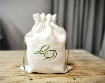 Embroidered laundry bag, personalized drawstring lingerie bag, initials embroidered linen baglinen