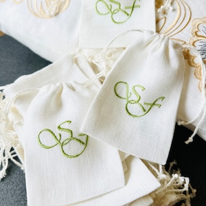 Personalized Linen Sachet Favor Bags • Machine Embroidered Initials • Set of 10 • Eco Wedding Favors