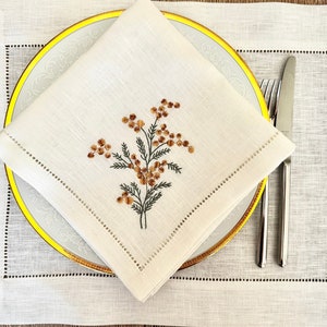 Linen dinner napkin with Sea buckthorn embroidery, Hemstitched napkin, White linen napkin, Organic cloth napkin, Birthday gift image 3