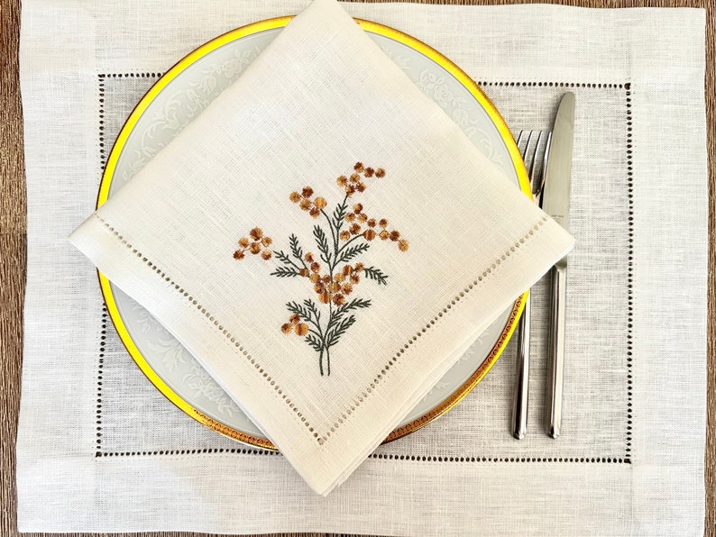 Linen dinner napkin with Sea buckthorn embroidery, Hemstitched napkin, White linen napkin, Organic cloth napkin, Birthday gift image 3