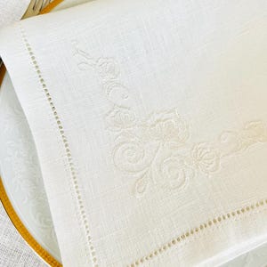 Off-White Linen Dinner Napkin with Floral Embroidery • 17×17 in • Elegant Wedding & Table Setting Linen