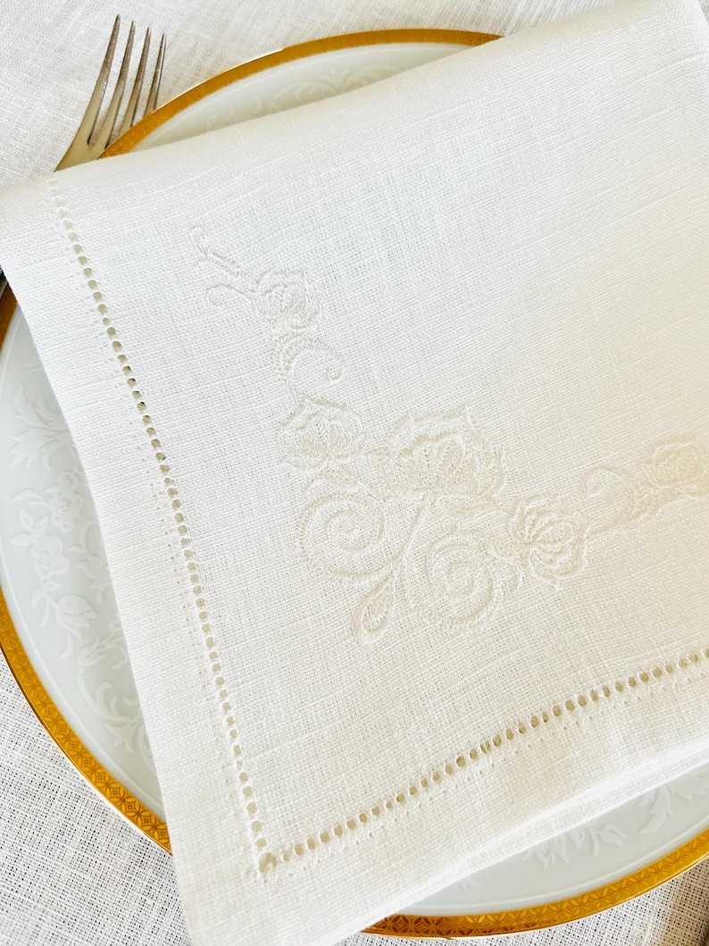 Off-White Linen Dinner Napkin with Floral Embroidery • 17×17 in • Elegant Wedding & Table Setting Linen