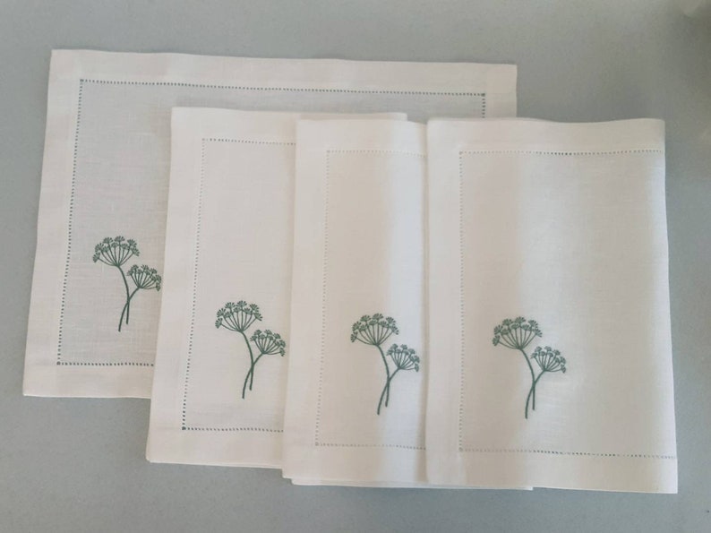 White Linen Place Mat With Dill Embroidery Hemstitched Linen Etsy