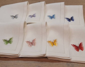 Linen napkins with butterfly embroidery, colorful napkins, embroidered napkins, Linen cloth napkins, party napkins, set of 8