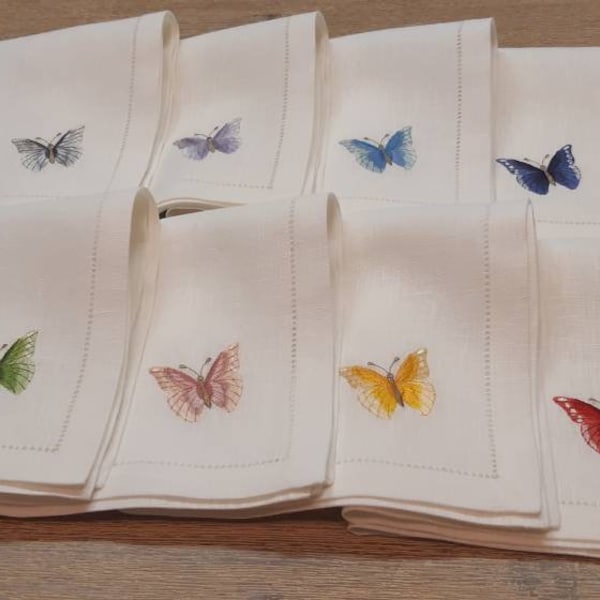 Serviettes en lin avec broderie papillon ensemble de 8, serviette brodée, serviettes en tissu de lin en blanc, serviettes de dîner